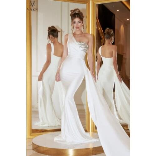 VAZN 2021 Women Fashion New High Street Style Long Dress Sleeveless One Shoulder Dress Pure Color Floor Length Lady Dress