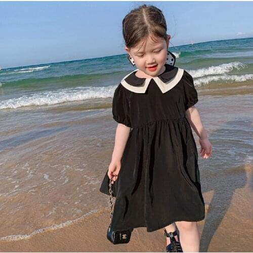 New Summer Flower Girl Pink Puff Sleeve Princess Dress Vintage Kids Girls Lapel Collar Birthday Wedding Party Dresses