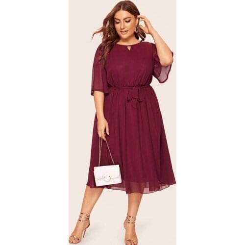 Solid Color Short Sleeve Knee Length Dress O-Neck Plus Size Women Summer Dresses Elegant Large Size Midi Dress платье летнее