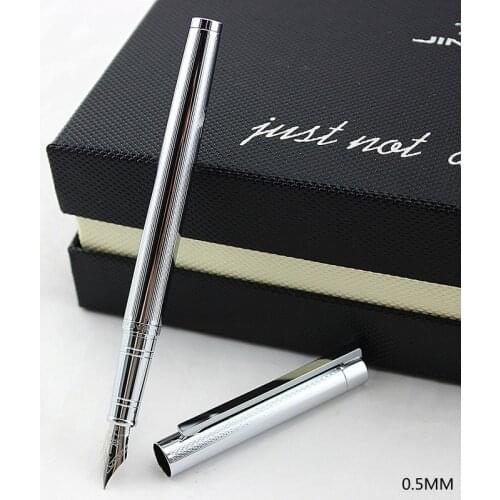 Luxury Brand Jinhao Shine Platinum Steel Fountain Pen Silver Metal Fine Hooded Nib Office School Stationery Writing Ink Pens