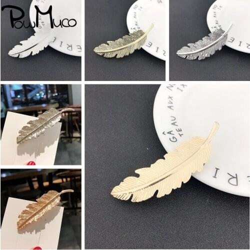 Powmuco Vintage Metal Leaf Feathers Hair Clip Fashion Women Ponytail Hairpin Party Decoration Accessories Girls Birthday Gifts