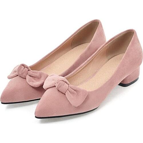 Ladies Low Heels Pumps Pointed Toe Block Heel Bow Shoes Woman Sweet Office Dress Pumps Pink Yellow Black Big Size 9 10 41 42 43