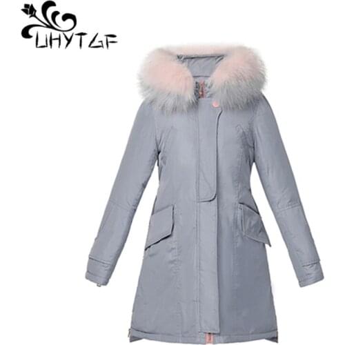 UHYTGF Female down cotton jacket Big fur collar Winter Coat Waist splice Lady clothing Jacket Parka Women thick fashion Coat 385