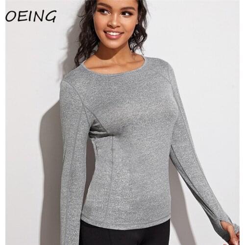 2021 Spring Womens Exercise Tops Long Sleeve Breathable Gym Clothes Grey Jogging Sport Shirts Quick Dry