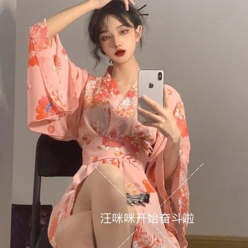 Japanese Kimono Sexy Cosplay Uniform for Women Soft Silk Belt Pink Traditional Style Robe AV Costumes Pajamas Passion temptation