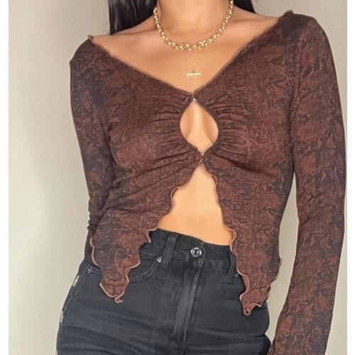 Y2K Tees 2021 Summer Brown Casual Crop Shirts Women Button Up V Neck Vintage Print Tops And Blouses Long Sleeve Autumn T-shirt