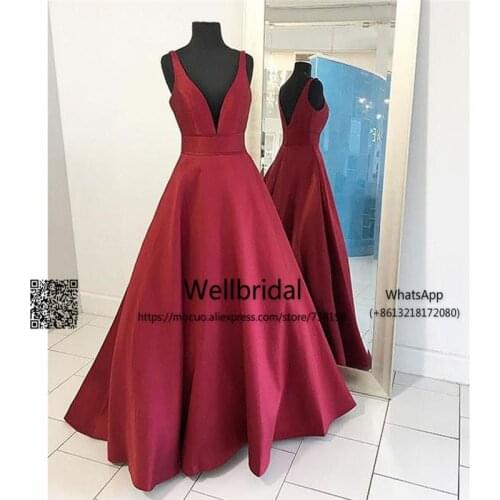 Elegant 2019 Burgundy prom dresses Long Deep V-Neck vestido de festa Satin Evening Party Dresses Women prom dress