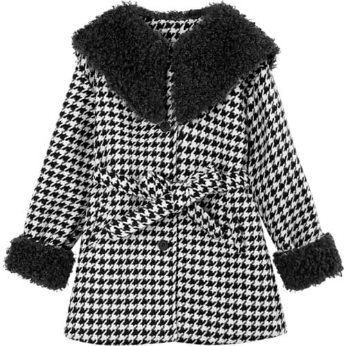 PERHAPS U Women Black Khaki Plaid Faux Woolen Coat Patchwork Lambswool Teddy Button Pocket Sash Houndstooth Coat Winter C0455