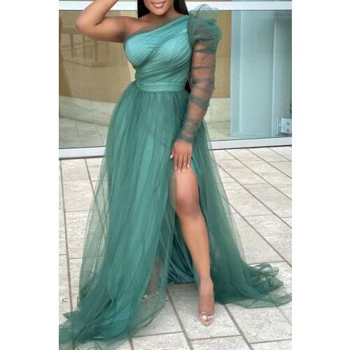 RMSFE 2021 Ladies Loose One Shoulder Long Sleeve Diagonal Neck Large Swing Mesh Commuter Bohemian Large Dress