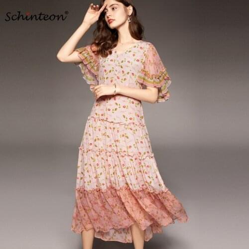 Schinteon Women Silk Dress 100% Real Silk Print V-Neck Floor-Length Dresses Cloak Sleeves Ruffles High Quality for Summer