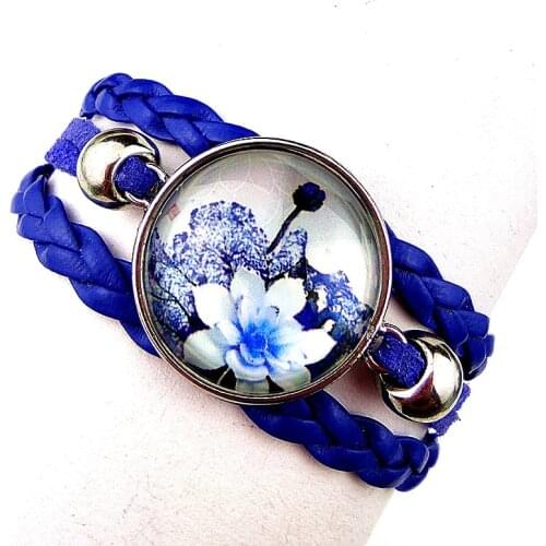 1pc lotus Bracelets Blue and White Porcelain, Chinese Style, Retro Style Female Leather Bracelet 2020 Jewelry