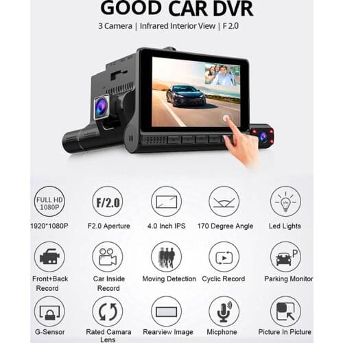 2020 new 4 Inch 1080P 3-Lens Car DVR Video Dash Cam Night 1 Rearview Camera Wide Angle Dashcam