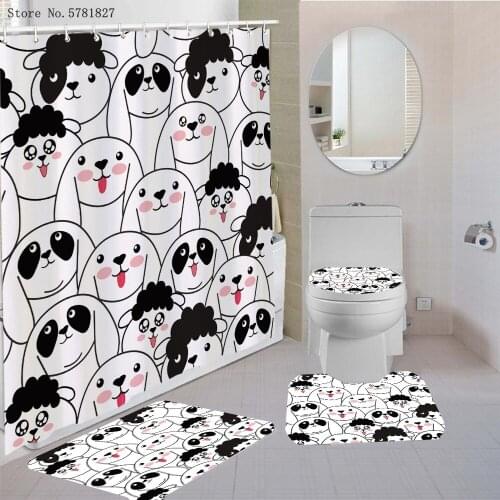 3/4 Pieces Dog Cat Rabbit Bathroom Curtain Set Carpet Cover Toilet Cover Bath Mat Pad Set Cartoon Animal Shower Curtain Set