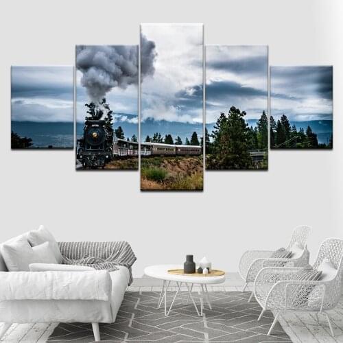 5 Panel Vintage Classic Steam Train Wall Art Home Bedroom Decoration Picture Painting Restaurant bar decoration Posters Framed