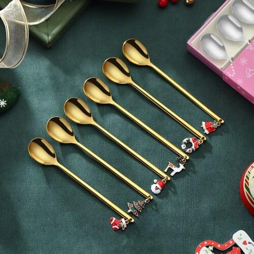 6pcs Stainless Steel Coffee Spoon Tableware Spoon Ins Christmas Gift Set Handle Spoons Flatware Ice Cream Drinking Tools