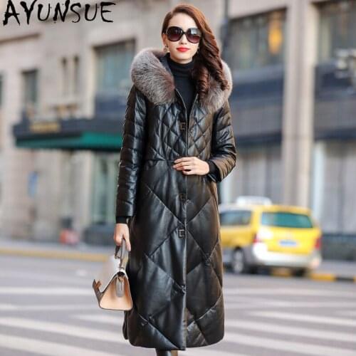 AYUNSUE Genuine Leather Jacket Women Long Sheepskin Coat Hooded Womens Winter Down Jackets Fox Fur Collar 2020 Mujer Chaqueta