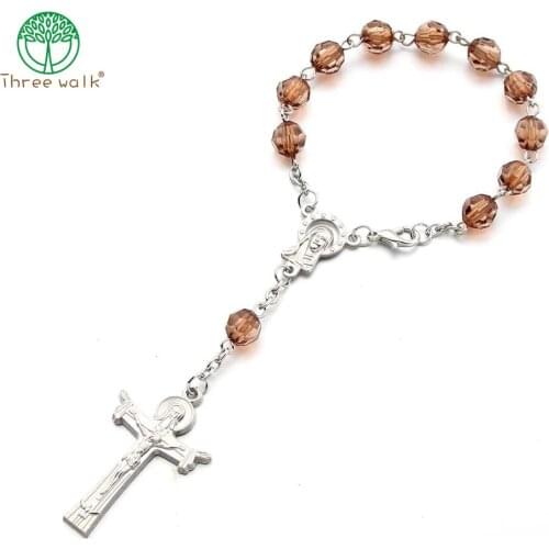 10pcs Glass Beads Catholic One-Decade Rosary INRI Crucifix Bracelet Auto Rosaries Holy Soil Inside
