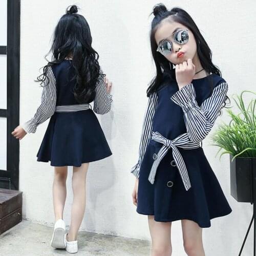3-12 Years 2017 Spring Fall Preppy Style Navy Blue Bow Striped Flare Long Sleeve Kids Girls Dress School Dresses for Girl JW1787