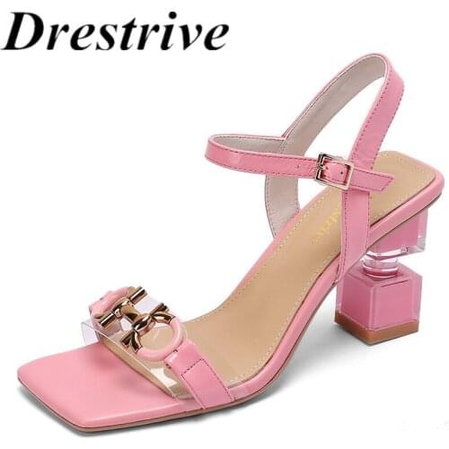 Drestrive PVC Square Toe 2021 Summer New Women Sandals Cow Leather Metal Knot Thick High Heel Shoes Buckle Pink Fashion