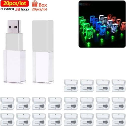 20pcs/lot USB2.0 Flash Drive Crystal LED light Pen Drive 8GB memoria usb 128GB 64GB Memory stick 32GB 16GB Personalize 3d logo