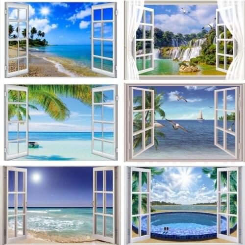 Laeacco Photography Backdrops Tropical Palme Tree Window Island Sea Beach Blue Sky Scene Photo Background Photocall Photo Studio