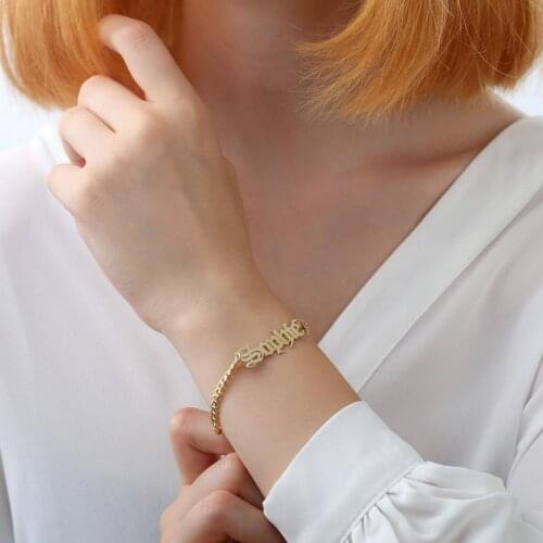 Gothic Name Bracelet Stainless Steel Personalized Nameplate Bracelet with Curb Chain BFF Jewelry Custom Old English Name Pulsera