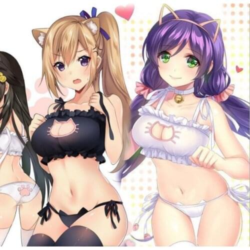 Sexy cute Kawaii Kitty Cat Embroidery Meow star Keyhole Hollow Bra And Underwear Love live Anime Cosplay Lingerie Set A291
