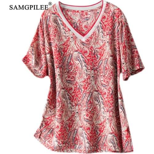 Summer Tshirts For Women 2021 New Korean Style Fahsin Hot Diamond Print V-neck Short-sleeved Plus Size Chiffon Oversized T Shirt