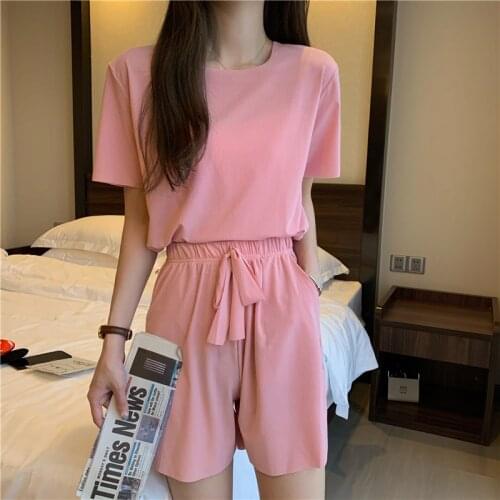 Summer Cotton Sets Loose Women Casual Two Pieces Short Sleeve T Shirts and High Waist Short Pants Solid Outfits Tracksuit Pajama