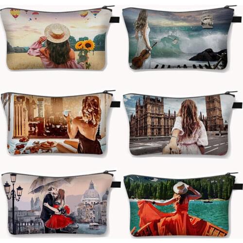 Lover Landscape Print Cosmetic Case Women Lipstick Toiletry Bag Fashion Makeup Bags Zipper Pouch Girls Cosmetic Bag