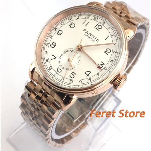 42mm Parnis rose gold case GMT arab mark date window solid stainless steel mens top business automatic mechanical watch