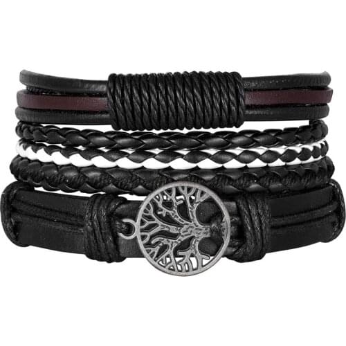 Fashion Punk Mixed Feather Evil Eye Life Tree Cross Infinity Multi-layer Leather Bracelet Men Exaggerated Personality Jewelry