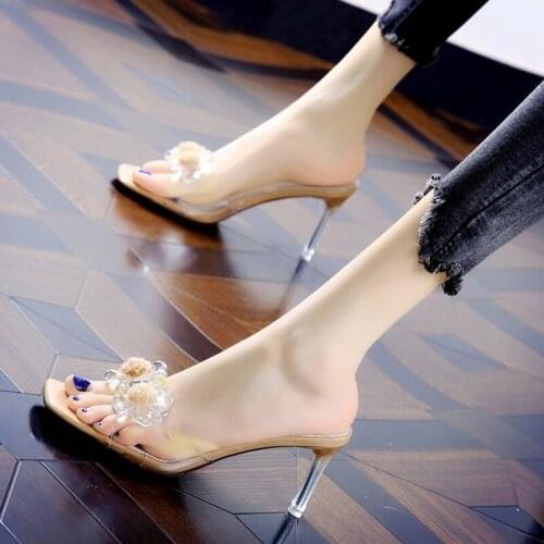 8cm high-heeled shoes, flower decoration, transparent upper, character high-heeled slippers, fashionable womens slippers