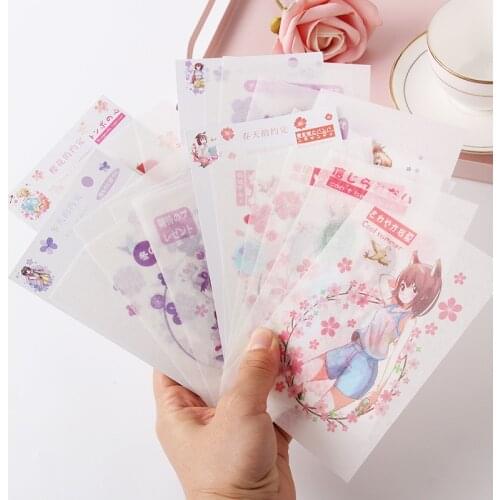 Korean Stationery Hand Account Decoration Stickers Exquisite Cartoon And Paper Diary Kimono Girl Series Aesthetic 1 Set 6 Sheets