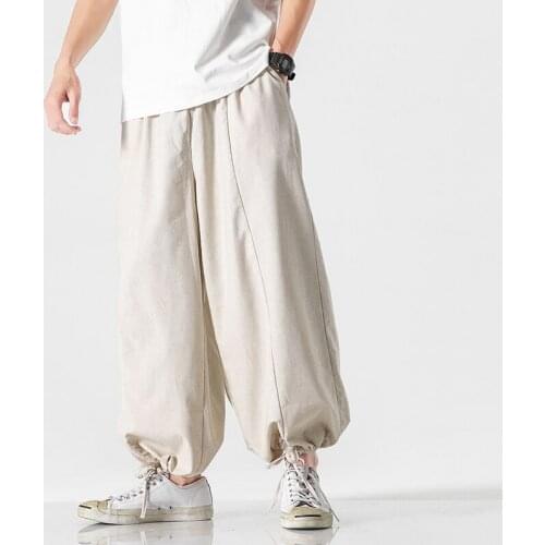 Solid Color Crotch Long Loose Wide Leg Pants Bloomers Drawstring Harem Pants Men Baggy Jogging Pants New Large Cotton Linen