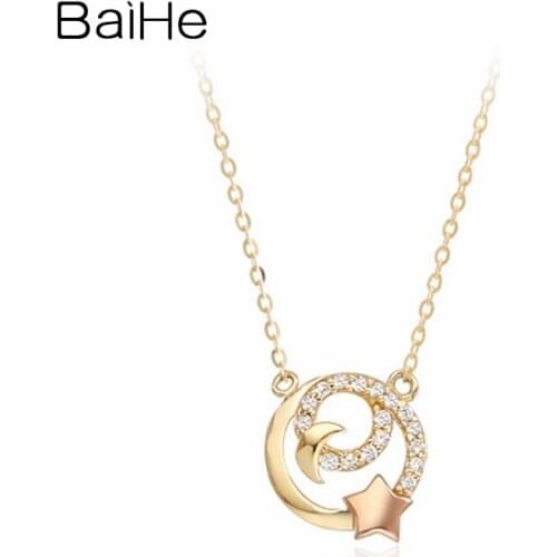BAIHE Solid 18K Yellow Rose Gold 0.09ct Round Natural Diamonds Engagement Cute/Romantic Gift Fine Jewelry Star Moon Necklaces