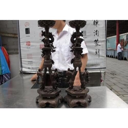 Song voge gem S1432 Tibet Buddhism Copper Bronze Lucky Two Lion Dragon candleholder candlestick Pair
