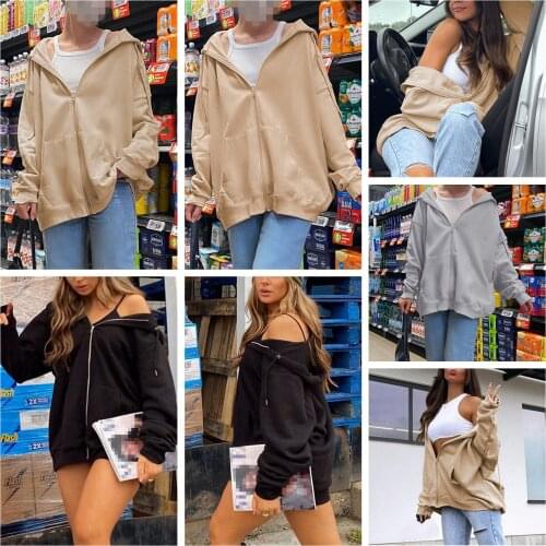 Female Autumn Simple Style Jacket, Solid Color Zipper Open Front Hooded Coat Tops Women 2021