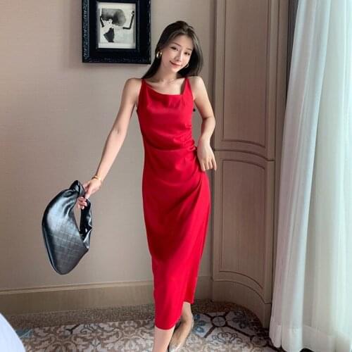 Fashion Vintage Sexy Strap Sleeveless Diagonal collar Midi Party Dress Ladies Elegant Robe Streetwear Chic Red Split Beach Dress