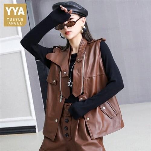 Womens Genuine Leather Vest Irregular Retro Short Biker Sleeveless Jacket Designer V-Neck Khaki Office Lady Sheepskin Waistcoat
