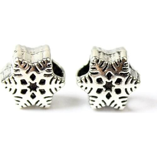 10PCS Antique Silver Color Snowflake Shape Big Hole Loose Alloy Snow Beads Fit Bracelets &Bangles Making Jewelry Finding