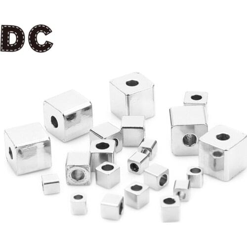 50pcs/lot 2.5/3/4/6MM Hole Stainless Steel Square Bead Silver Color Cube Large Bead for DIY Charm Bracelets Jewelry Making