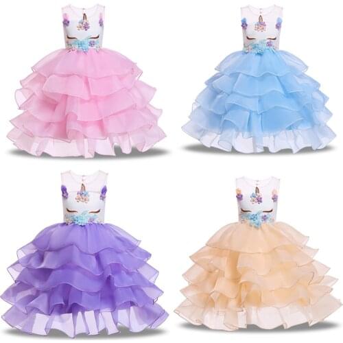 Unicorn Rainbow Dress Wings Kids Dress Girls Birthday Party Hairpin Cosplay Costume Lace Cake Flower Girls Wedding Dress Summer