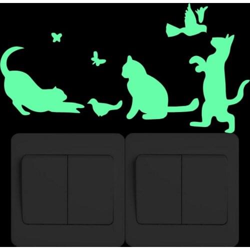 Fuuny Playing Cats Switch Sticker Glow in the Dark Cartoon Animal Wall Sticker Kids Room Decor Birds Butterfly Luminous Stickers
