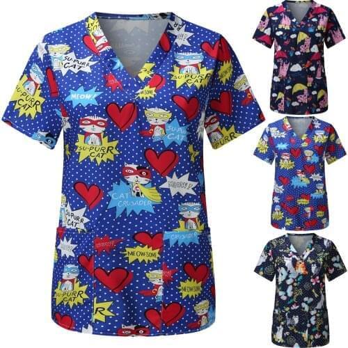 Nurse Uniform Women Print Short Sleeve V-neck Tops Cool Funny Cat print Working Uniform Blouse Nursing Accessories Carer Tunic