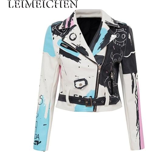 LEIMEICHEN PU Leather Jacket Women Rivet Punk Rock Jacket Biker Motorcyclist Skull Print Short Coat Leather Top S—3XL 28820