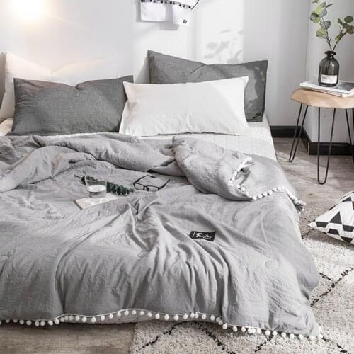 Summer Gray Air Condition Quilts duvet with little white Pompons bed linens Washed cotton throw blankets Solid bedding #s