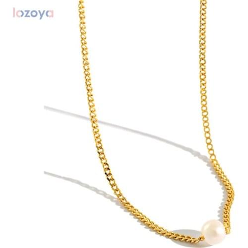 LOZOYA 925 Sterling Silver Gold Chain Pearl Jewels Fashion Choker Necklace Long Chain Luxury Jewelry Rock Punk Necklace