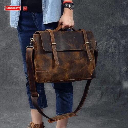Retro Imported Leather Men Handbag Male 14 inch Laptop Bag Business Briefcase Shoulder Messenger Bags Crazy Horse Leather Bag