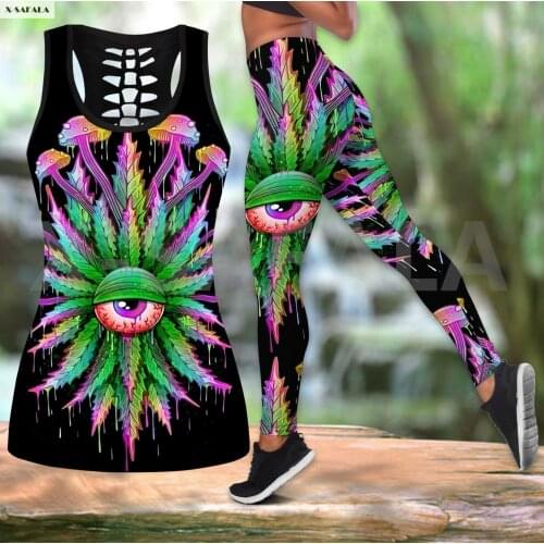 Hippie Signal Eye Flower Two Piece Yoga Set Women 3D Print Vest Hollow Out Tank Top High Waist Legging Summer Casual Sport